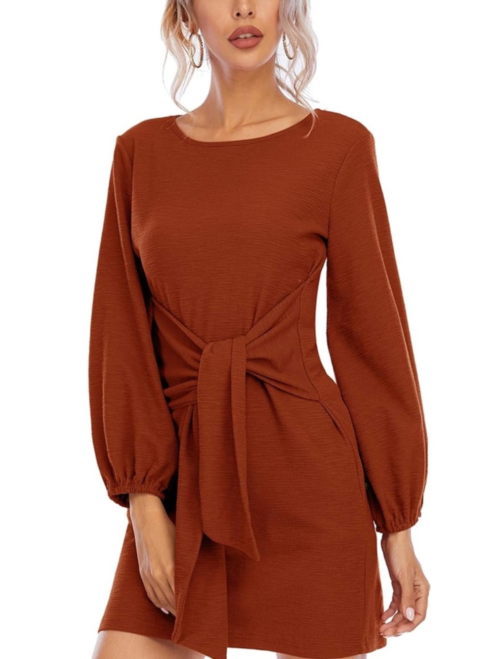 Women’s Long Sleeve Tie-Front Dress in Rust